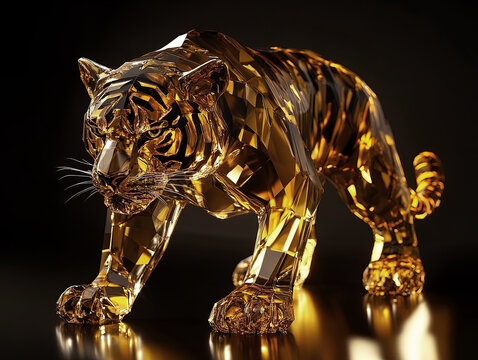 Shiny golden crystal tiger statue on a black background.