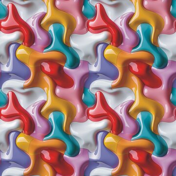 Multicolored plastic mosaic seamless pattern graphic design. Abstract pazzles mid-century modern collage tile background. Digital artwork raster bitmap. AI artwork.	