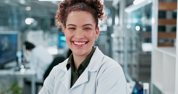 Scientist, woman and happy with arms crossed in laboratory for confidence with healthcare, laughing and biotech job. Science, professional and portrait for medical research and vaccine development