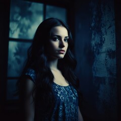 Fototapeta premium a woman with long hair and a blue top with a white flower on the bottom.