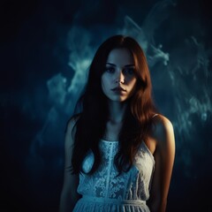 Fototapeta premium a woman with long hair and a blue top with a white flower on the bottom.