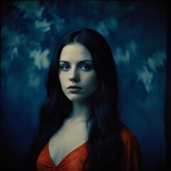 Fototapeta premium a woman with long hair and a blue top with a white flower on the bottom.