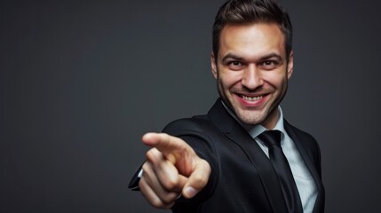business man smile portrait and pointing finger isolated on a tr