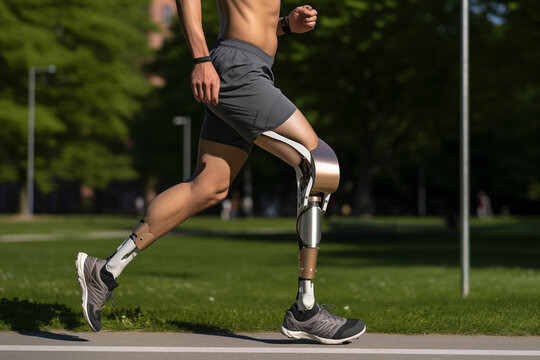 Man with prosthetic leg running on a path in a park during bright daylight