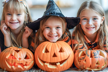 Three kids dressed up for Halloween next to Jack O'Lantern pumpkins with smiling faces. Happy Halloween