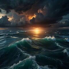 Fototapeta premium A dramatic, cinematic view of the Bermuda Triangle from above, with stormy clouds, turbulent waves, and an ominous glow emanating from the center, creating a sense of mystery and intrigue. 