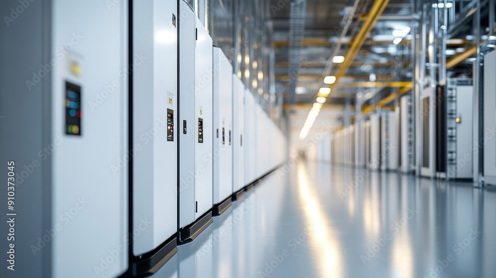 Poster modern data center with rows of server racks and advanced technology