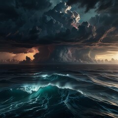 Naklejka premium A dramatic, cinematic view of the Bermuda Triangle from above, with stormy clouds, turbulent waves, and an ominous glow emanating from the center, creating a sense of mystery and intrigue. 