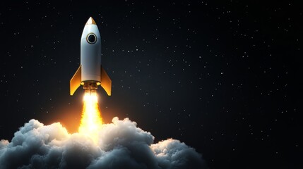 Cartoon rocket launching into starry night sky
