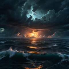 A dramatic, cinematic view of the Bermuda Triangle from above, with stormy clouds, turbulent waves, and an ominous glow emanating from the center, creating a sense of mystery and intrigue.
