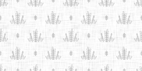 White neutral minimal botanical leaf motif with Linen effect texture for baby nursery seamless background. Modern muted simple soft motif pattern for wallpaper, home decor white gray design. 