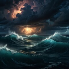 Fototapeta premium A dramatic, cinematic view of the Bermuda Triangle from above, with stormy clouds, turbulent waves, and an ominous glow emanating from the center, creating a sense of mystery and intrigue. 