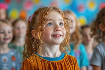 A young girl with bright blue eyes and curly red hair smiles as she looks up in a classroom setting.  The image captures innocence and wonder.