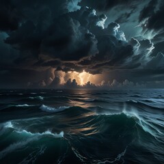 Fototapeta premium A dramatic, cinematic view of the Bermuda Triangle from above, with stormy clouds, turbulent waves, and an ominous glow emanating from the center, creating a sense of mystery and intrigue. 