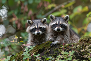 Fototapeta premium two cute raccoons looking around