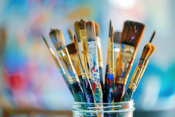 Fototapeta premium Used paintbrushes in a glass jar