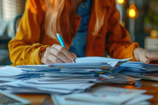 Closeup of a woman's hands writing in a notebook, surrounded by a stack of papers and documents.