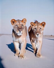 Obraz premium A pair of lions strolls side by side on a clear day, showcasing their powerful physique and captivating expressions. Generative AI