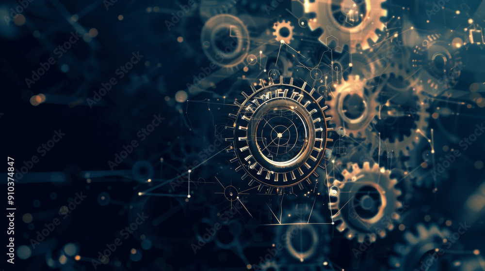 Poster close-up of gears on a black background. all gears are different sizes and colors. concept of comple