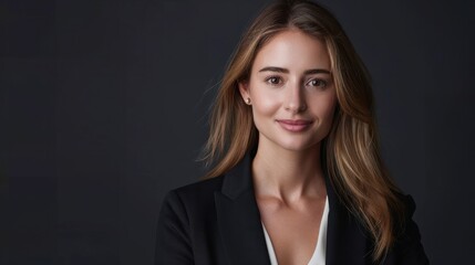 Fototapeta premium Confident young businesswoman smiling in professional attire. portrait of success and leadership. corporate style captured in studio setting. ideal for marketing materials. AI