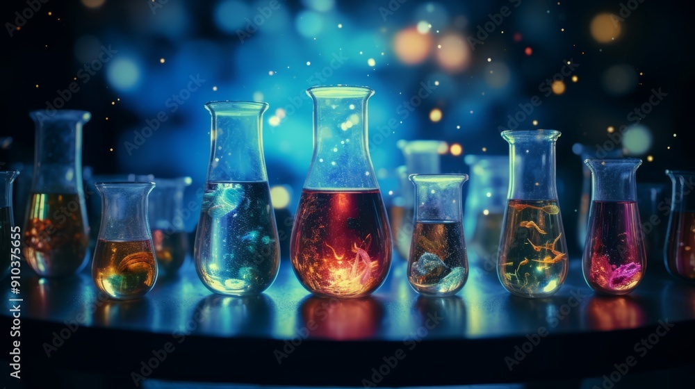 Poster exploring the microbiology odyssey: scientists analyzing microbial samples in a high-tech laboratory