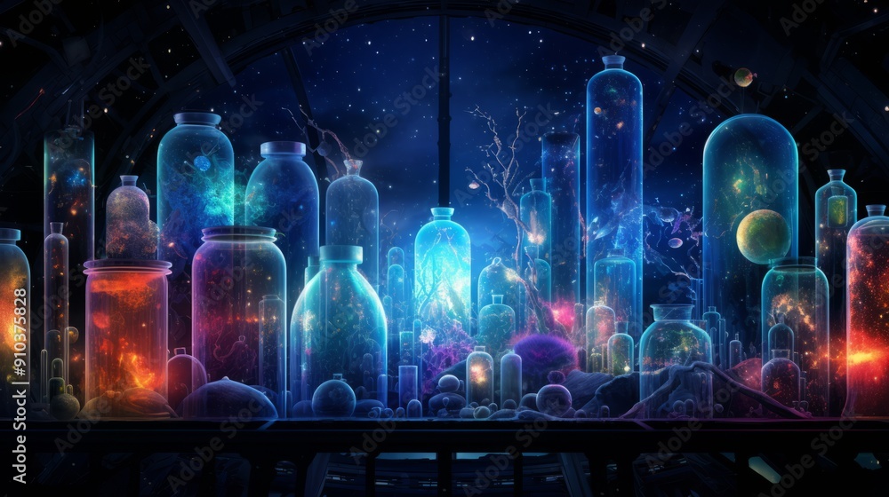 Poster exploring the microbiology odyssey: scientists analyzing microbial samples in a high-tech laboratory
