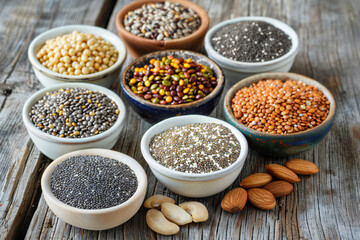 Assorted Seeds and Legumes in Bowls - Chia Seeds, Lentils, and Beans for a Nutritious, Organic, and Healthy Plant-Based Diet