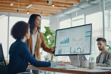 Business people, computer and analytics monitoring corporate statistics of graph or chart on screen at office. Employee women in teamwork collaboration looking at company data or analysis on PC