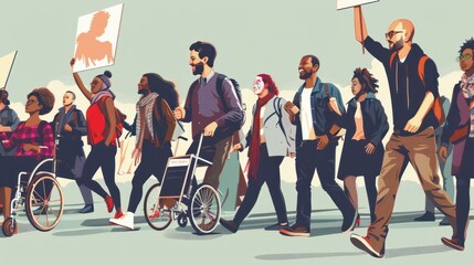 Diverse group of activists, representing different racial backgrounds and disabilities, march together with signs advocating for disability rights and inclusion