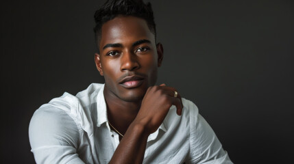 Obraz premium Portrait of a young African American man against a dark background. Handsome man posing indoors. Style and fashion concept.
