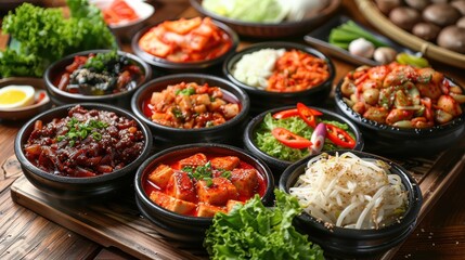 A vibrant spread of various Korean dishes served in traditional bowls, showcasing delicious colors and textures, perfect for culinary publishing, restaurant menus, or food blogs.