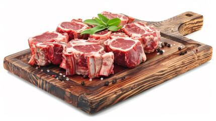 Close-up of pork and lamb shanks with bone on a wooden board on a white background. Meat products on a white background. Copy space.