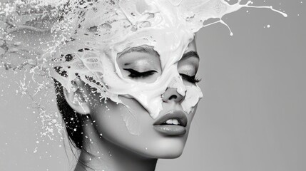 Fashion and make-up concept. Beautiful woman portrait with flying paint splashes over her face and head. Fine-art, pop-art, surreal and minimalist style. Black and white image