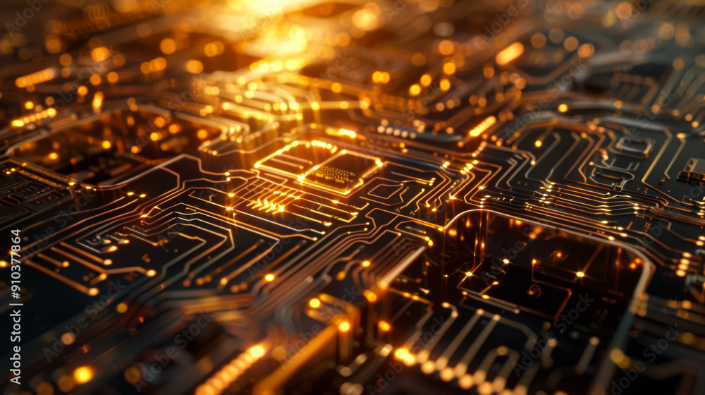 Poster futuristic computer circuit design with golden backlight on a dark background. technology concept.