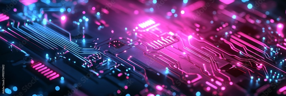 Poster abstract neon circuit board with glowing lines and dots - a close-up shot of a circuit board with ne