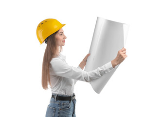 Engineer in hard hat with draft on white background