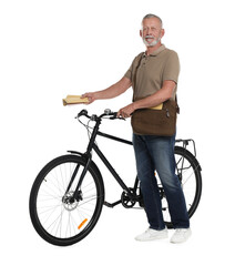 Obraz premium Happy postman with bicycle delivering letters on white background