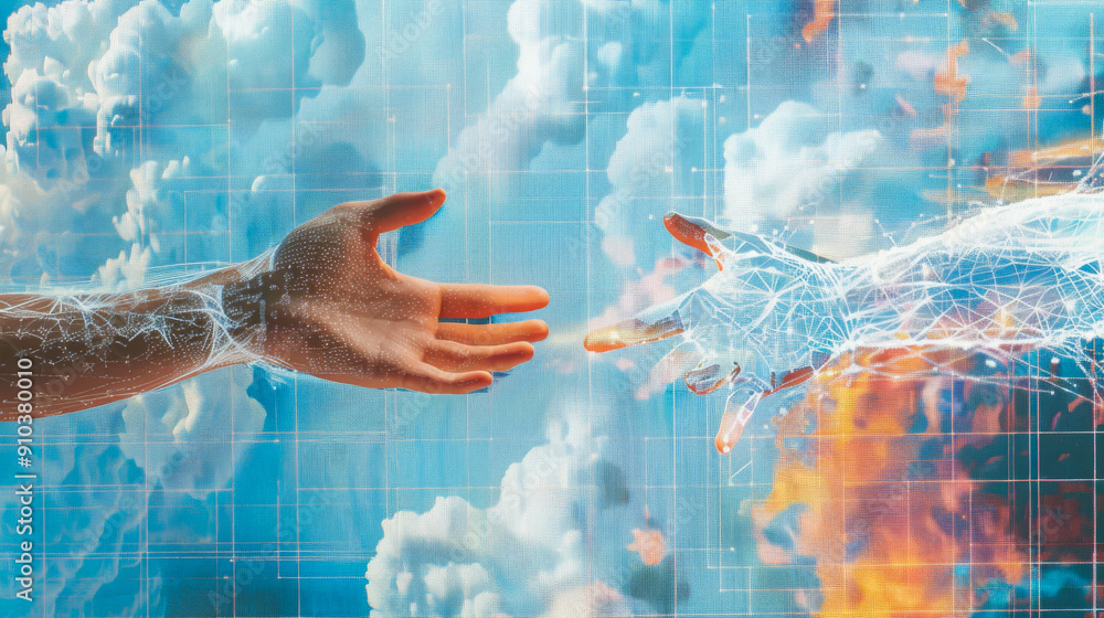 Poster one hand reaches out to the other hand, both hands touch. the image is a representation of the conce