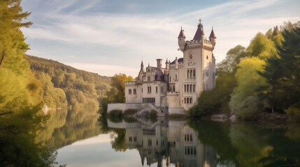 Obraz premium a fairy tale castle perched on a hill, surrounded by pastel-colored gardens and a shimmering lake