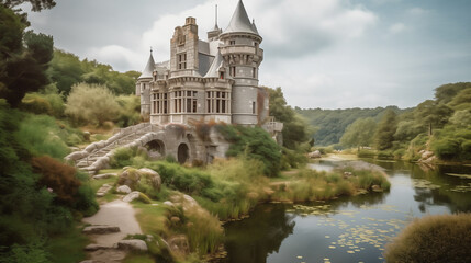 Obraz premium a fairy tale castle perched on a hill, surrounded by pastel-colored gardens and a shimmering lake