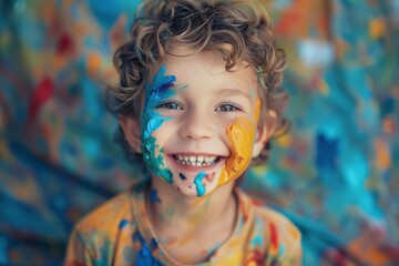 Fototapeta premium A beautiful young boy smeared in a palette of colorful paint and smiling
