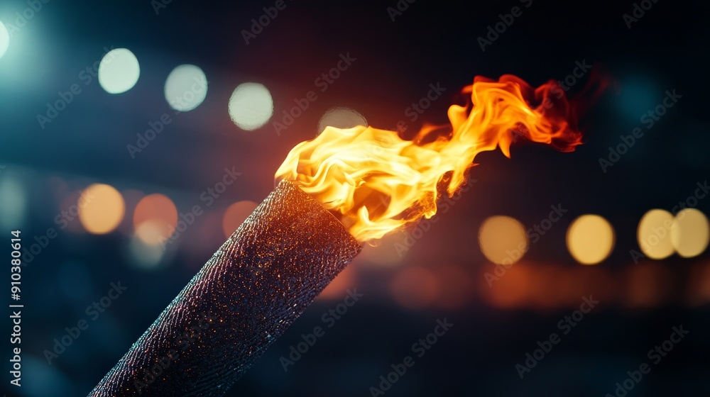 Aufkleber burning torch against a blurred lights background - a close-up of a burning torch with a blurred bac