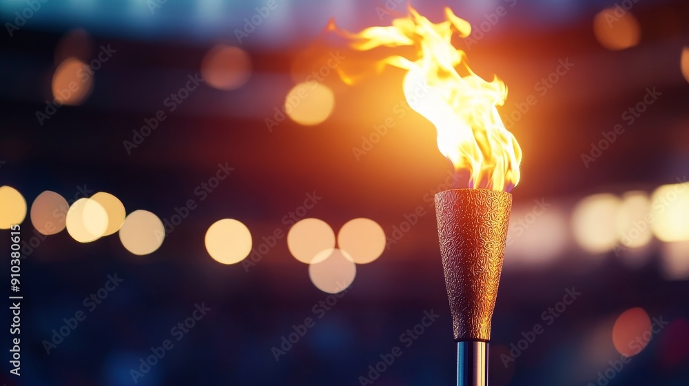 Poster burning torch at night event with bokeh lights - a single torch with a bright flame stands out again
