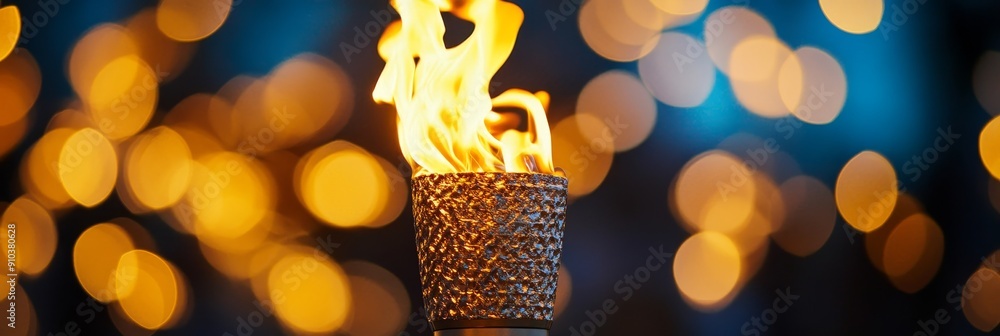 Aufkleber burning torch with bokeh lights - a close-up of a burning torch, with warm bokeh lights in the backg