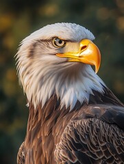Fototapeta premium A close-up shot of a bald eagle perched among trees, great for wildlife or nature-themed images