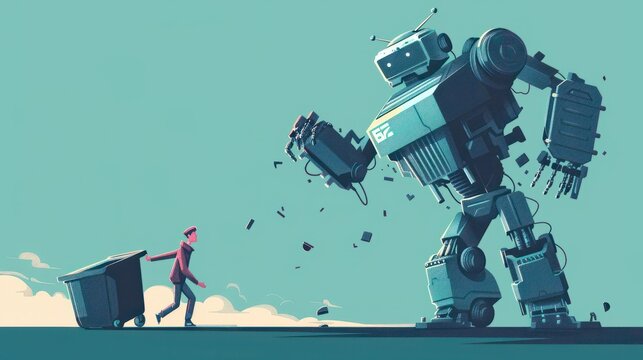 In a symbolic portrayal of artificial intelligence replacing jobs, a giant robot is depicted throwing a man into a trash can in this vector illustration, highlighting concerns over automation and work