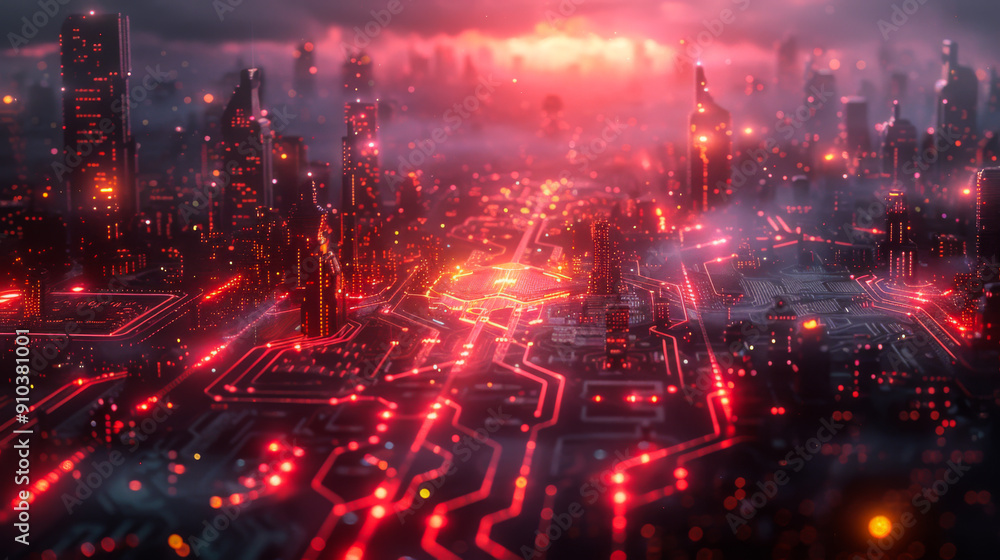 Poster a cityscape with a red line running through it. the red line is made up of glowing lights, giving th