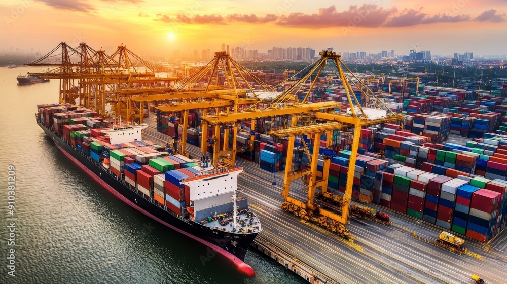 Poster cargo ship at sunset loading containers in busy port - a cargo ship is docked at a busy port, being 
