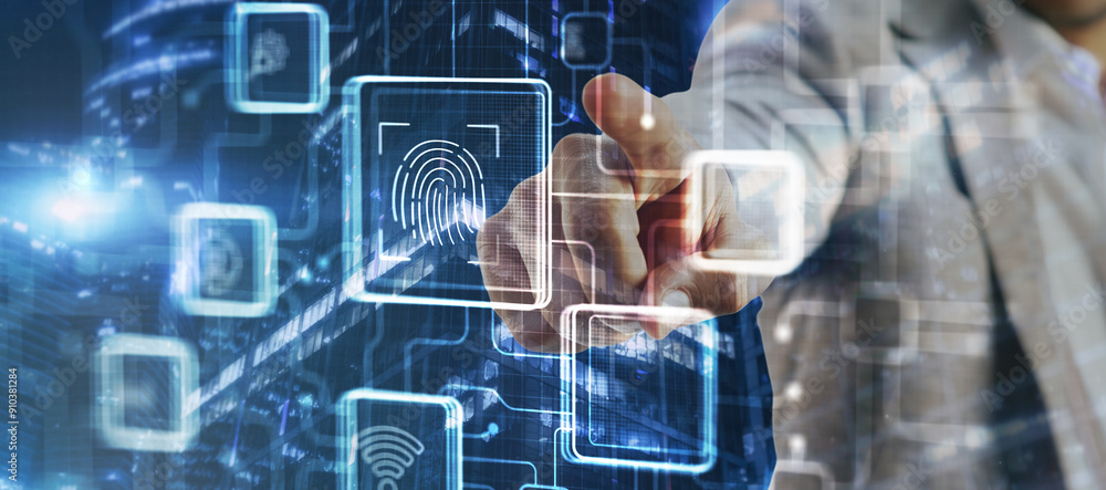 Aufkleber biometrics fingerprint concept. biometrics security with digital interface