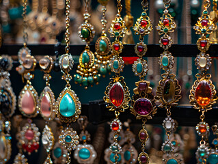 Close-up view of various women's earrings and jewelry pieces in a stylish and elegant collection.